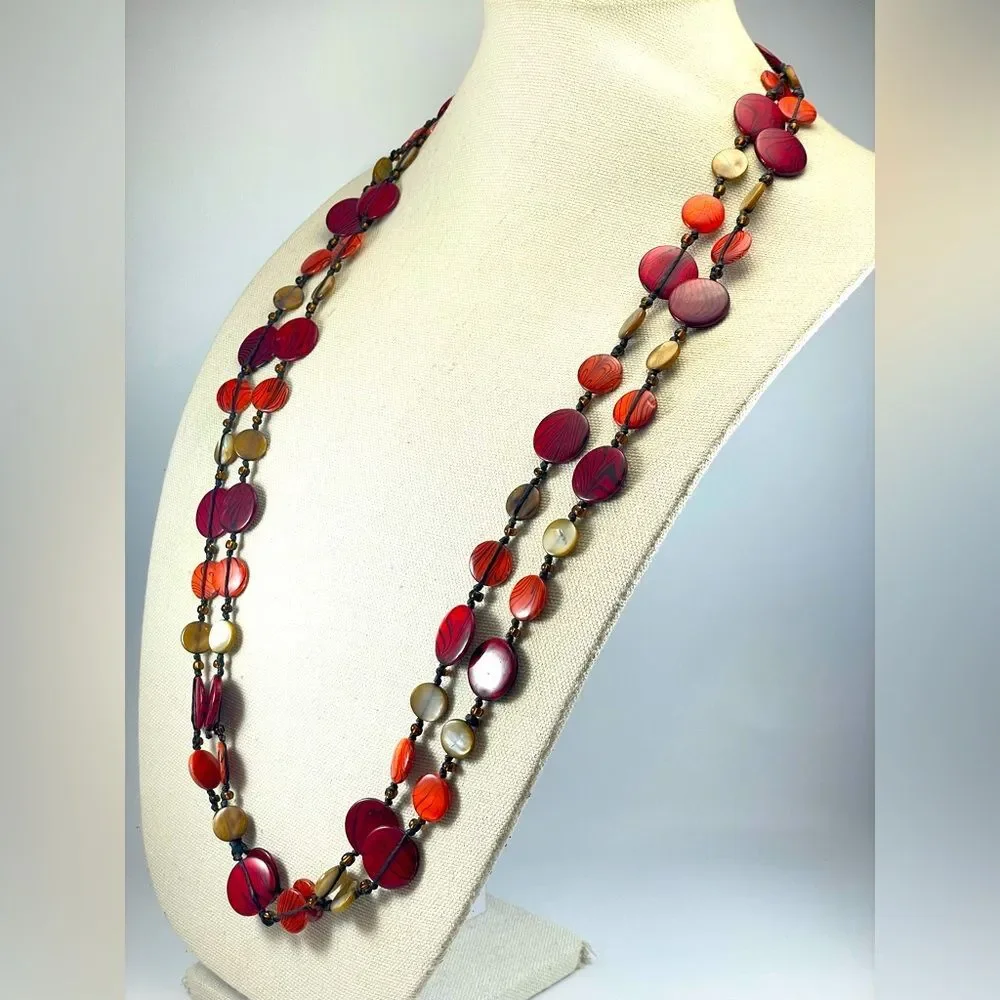 Red Mother of Pearl Disc Knotted Corded Boho Necklace Statement Long